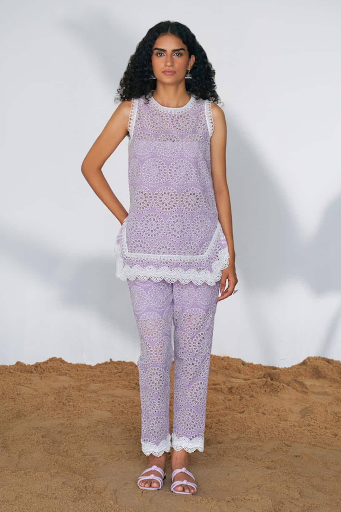 QALA CLOTHING Zoya Pastel Schiffli Top With Pant