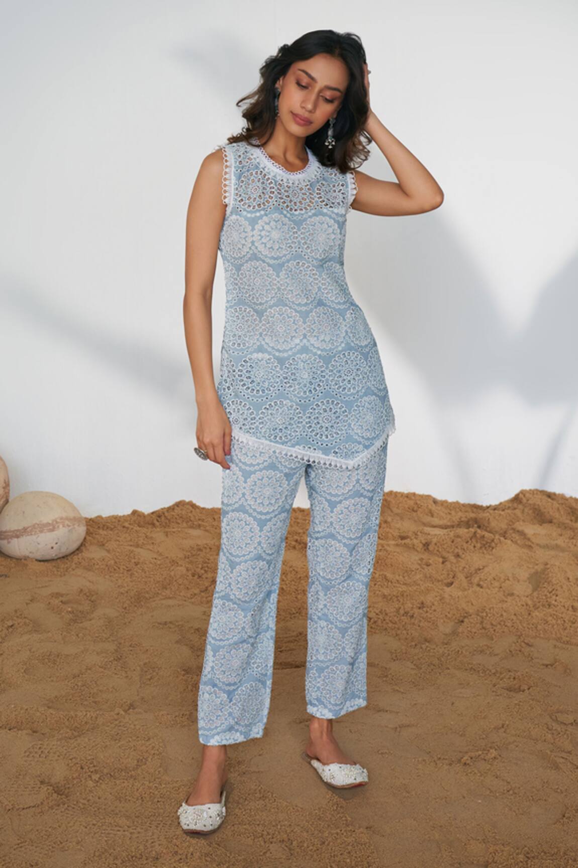 Qala Clothing Nora Circular Schiffli Top With Pant