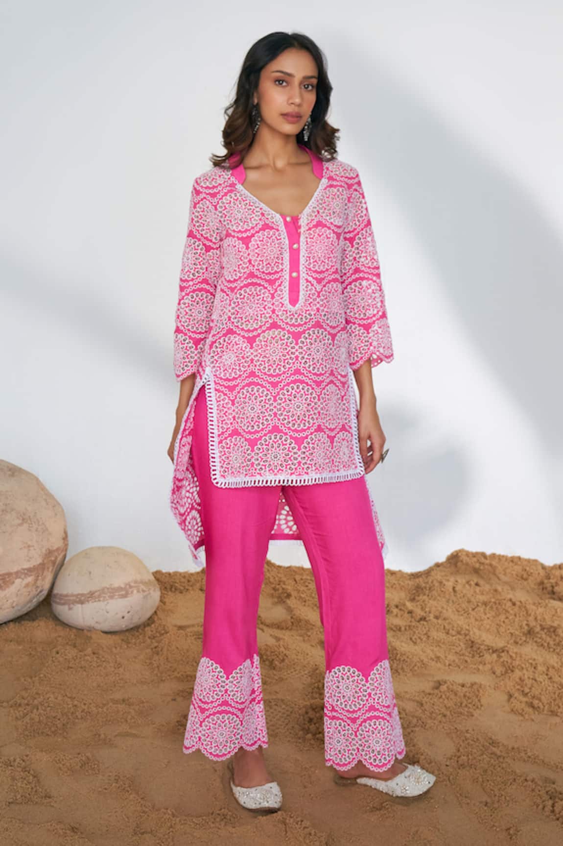 QALA CLOTHING Selma Shiffli High Low Tunic With Pant 