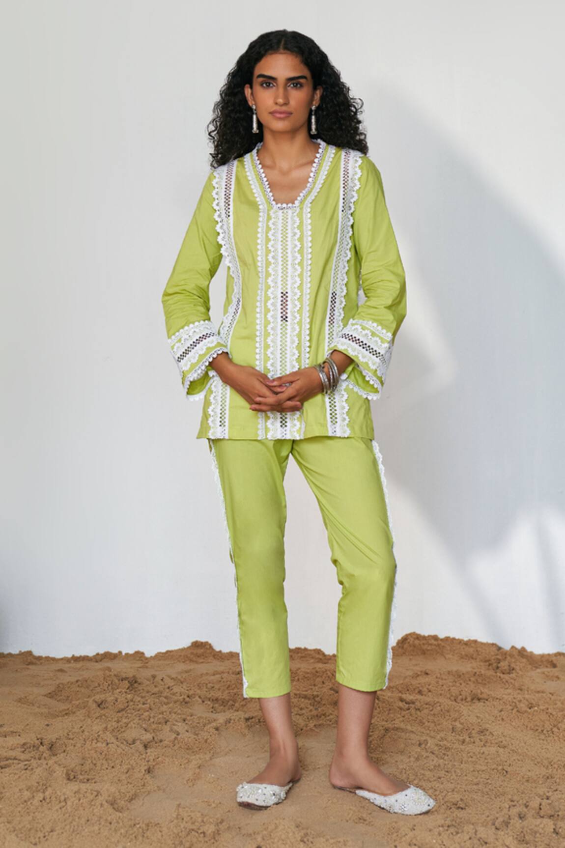Qala Clothing Green Lace Pattern Top & Pant Set