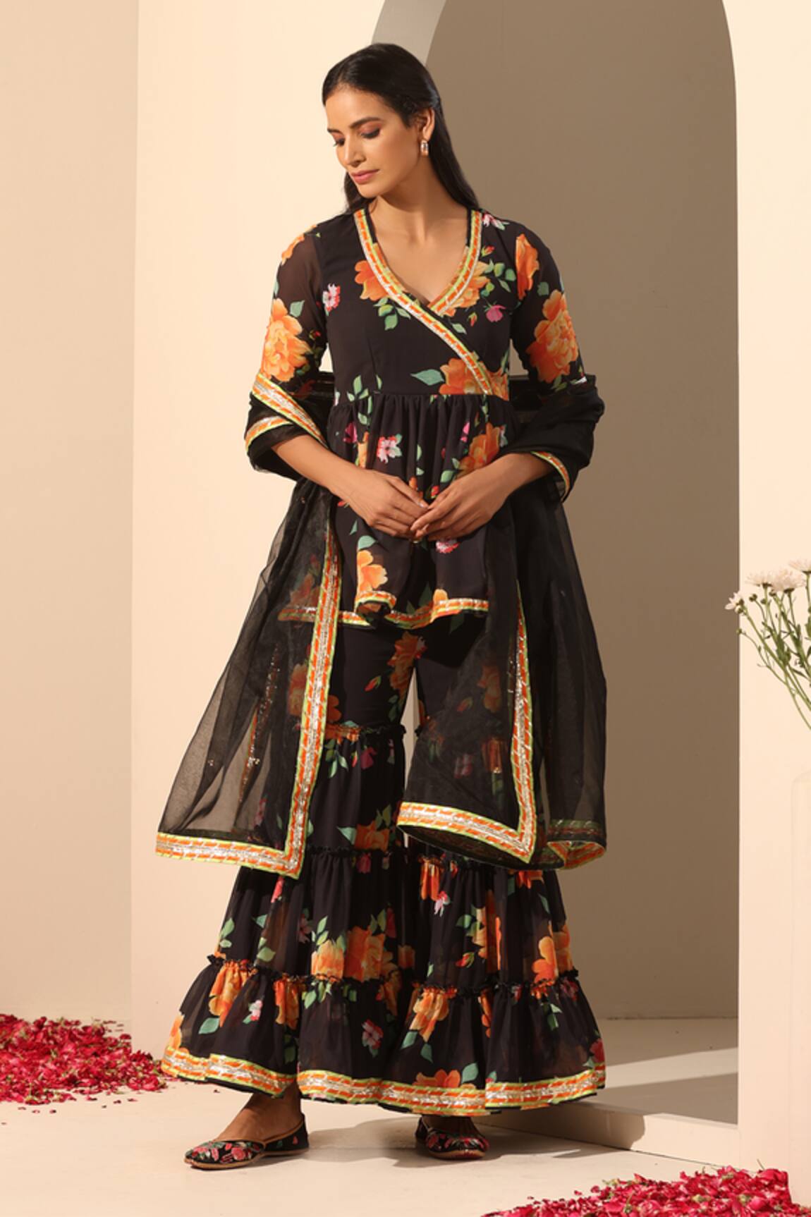 POMCHA JAIPUR Floral Pattern Peplum Tunic & Sharara Set