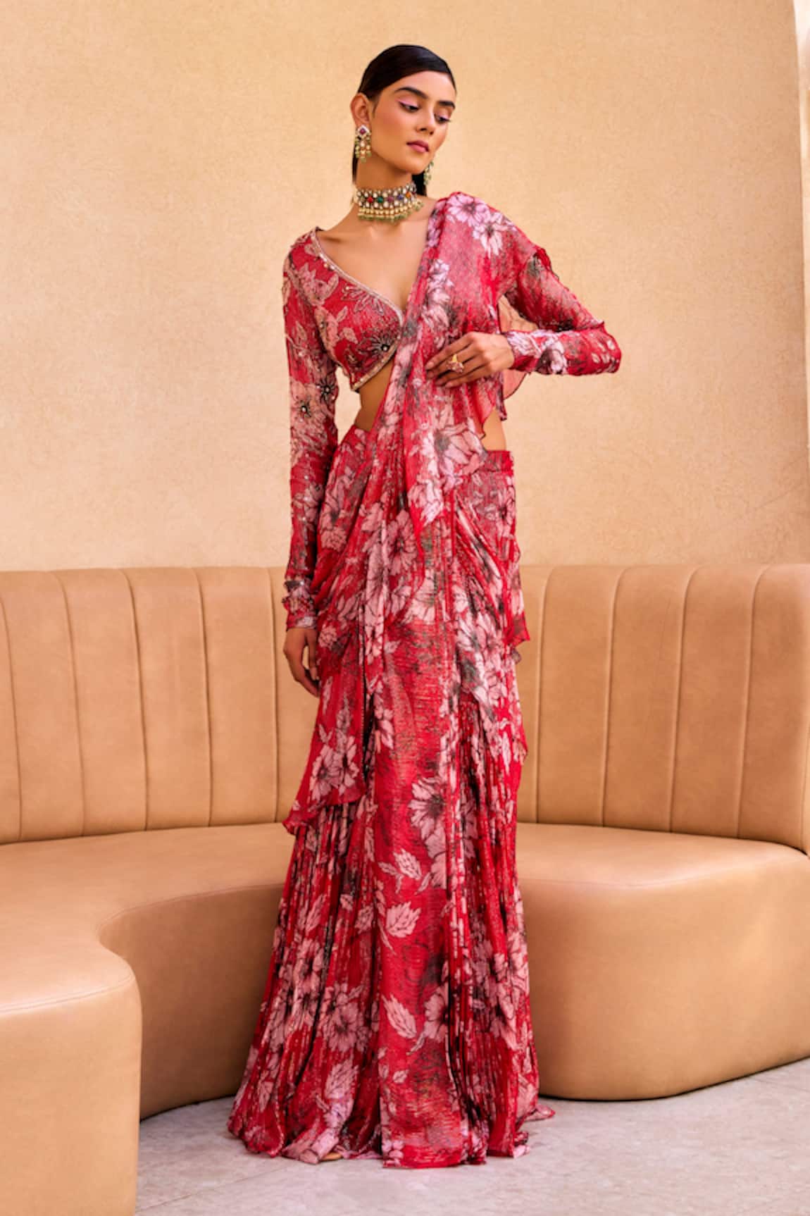 Label Sanya Gulati Floral Print Pre-Draped Ruffle Saree With Blouse