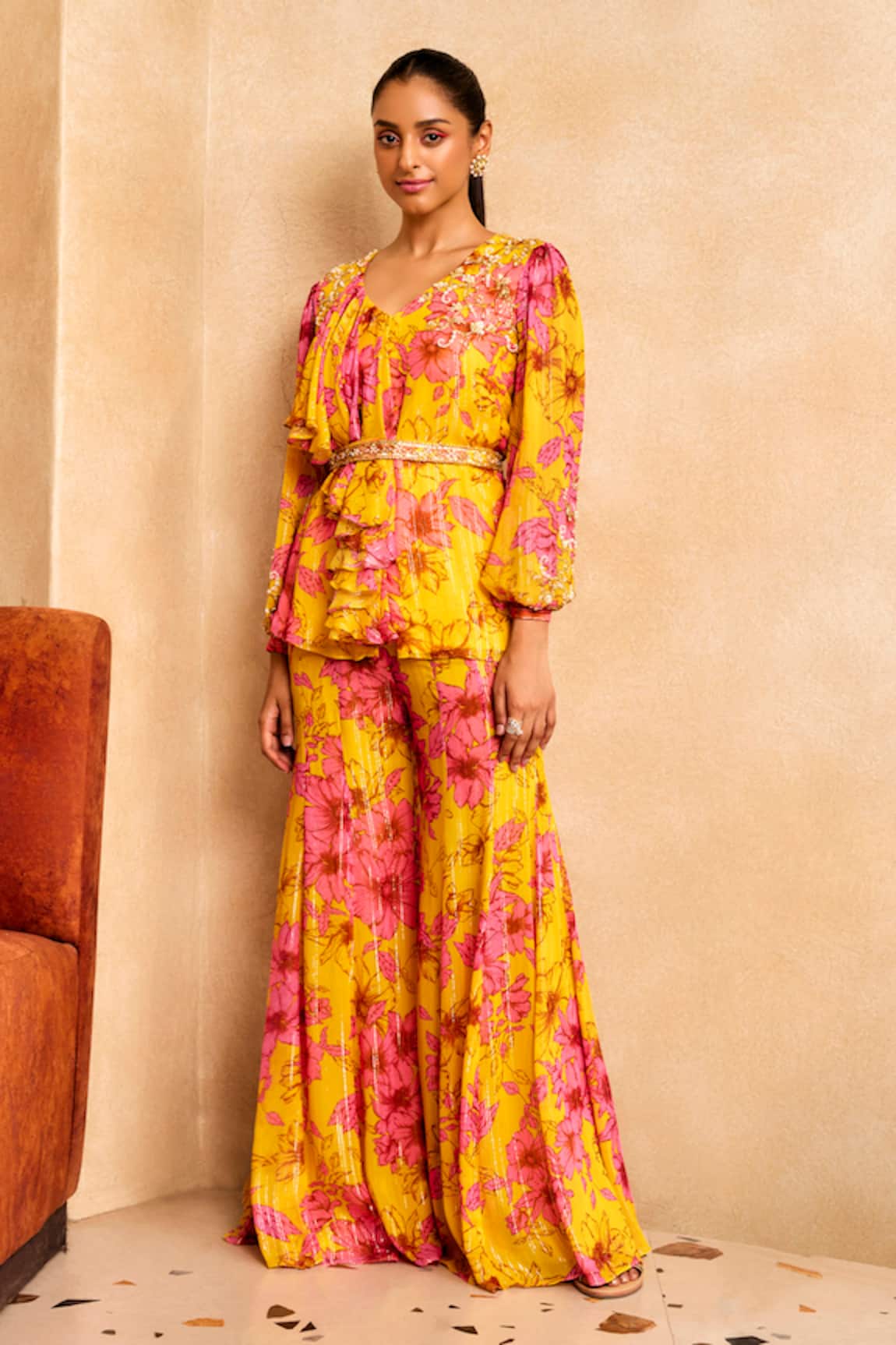 Sanya Gulati Floral Print Ruffle Shirt & Gharara Set