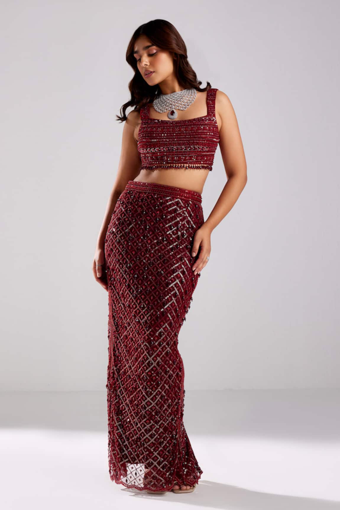 DiyaRajvvir Sequin Embellished Blouse With Pencil Skirt