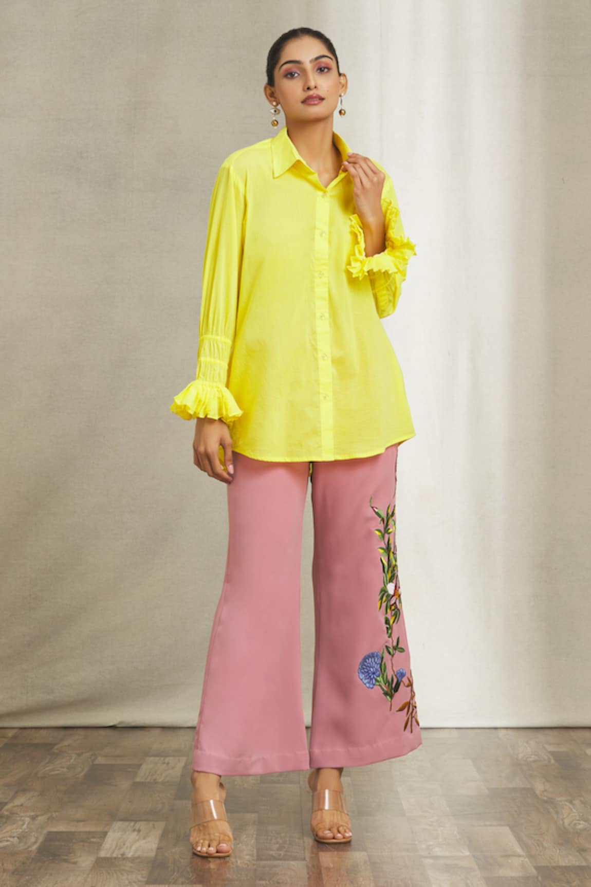 Naintara Bajaj Smocked Sleeves Shirt With Petunia Embroidered Pant