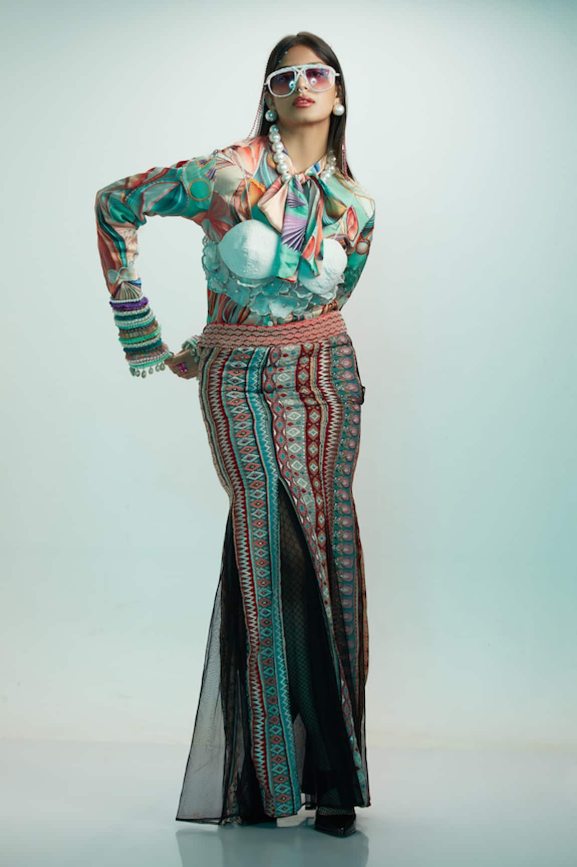 Eshaa Amiin Tribal Print Mesh Skirt