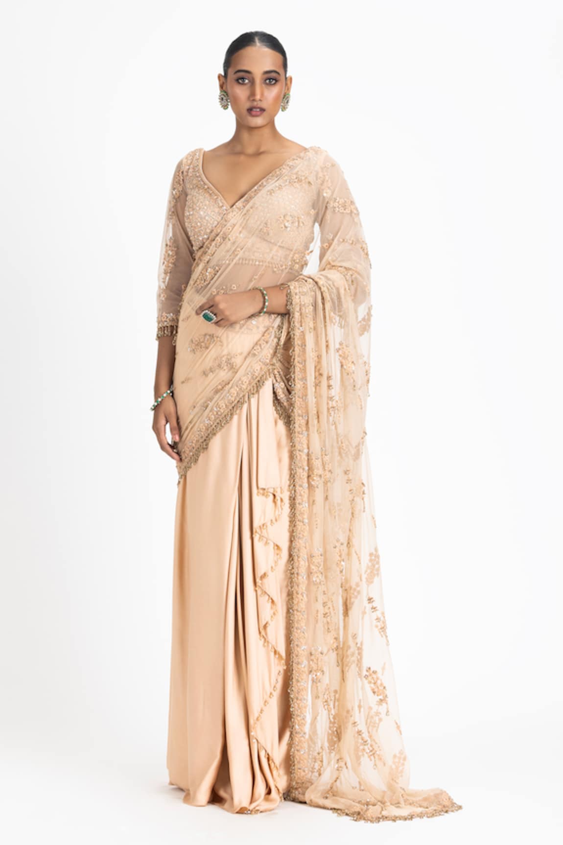 Nitika Gujral Dori Embroidered Pre-Draped Saree With Blouse