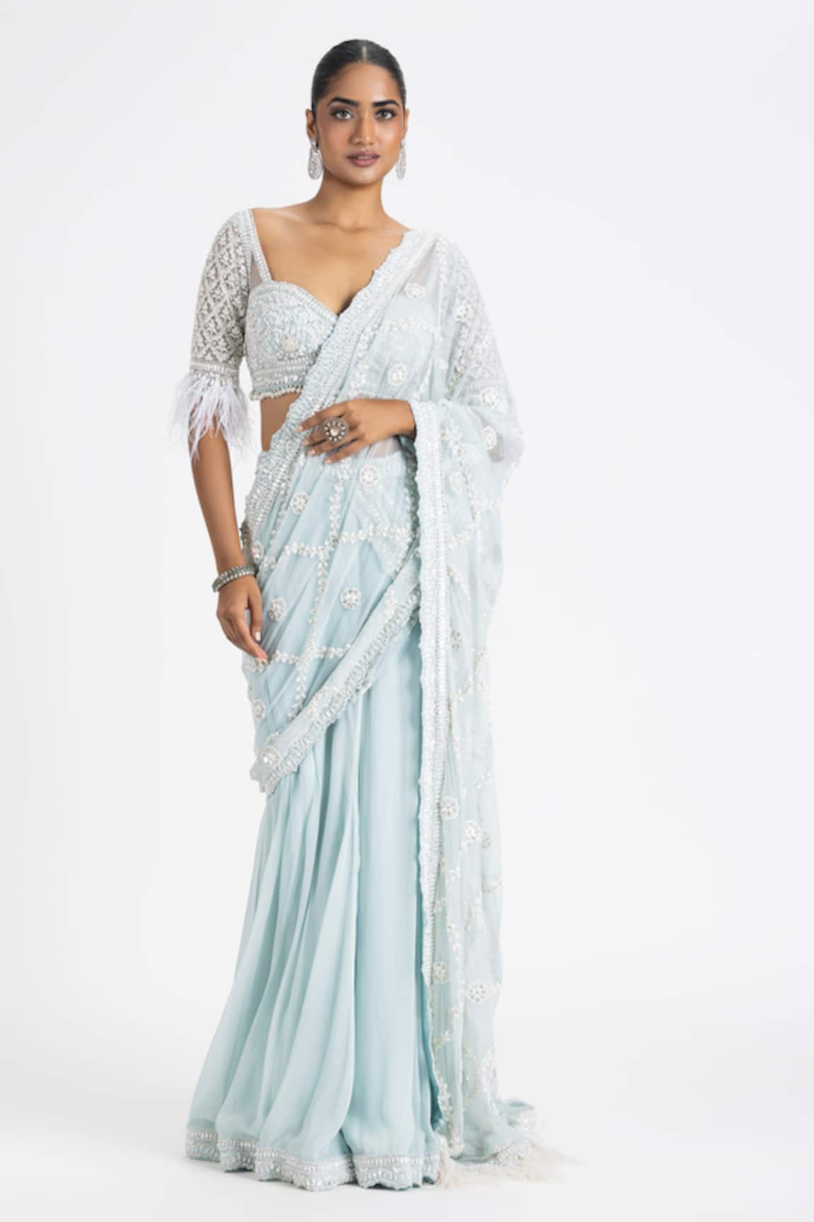 Nitika Gujral Pre-Draped Floral Embellished Saree With Blouse