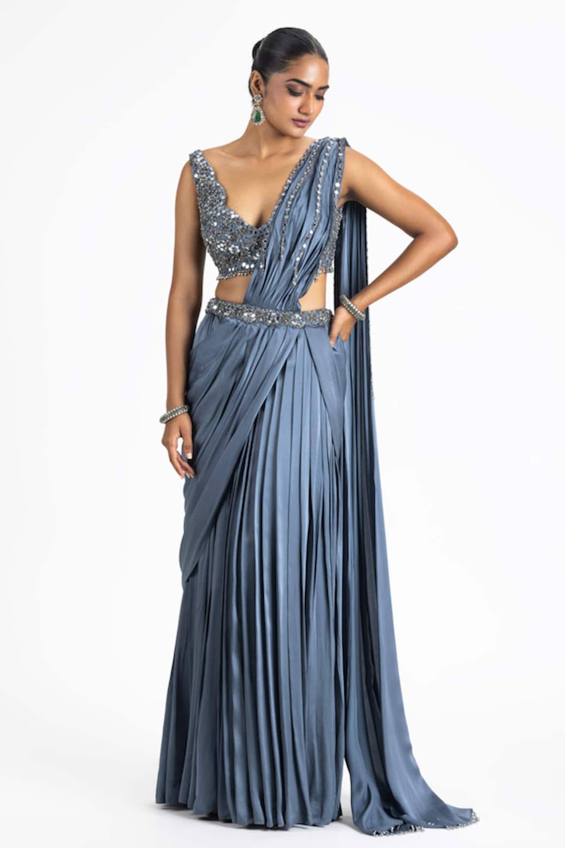 Nitika Gujral Mirror Work Satin Pre-Draped Saree With Blouse 