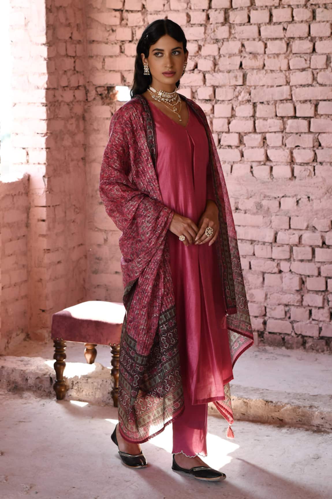 Karaj Jaipur Plain A-Line Kurta Pant Set 