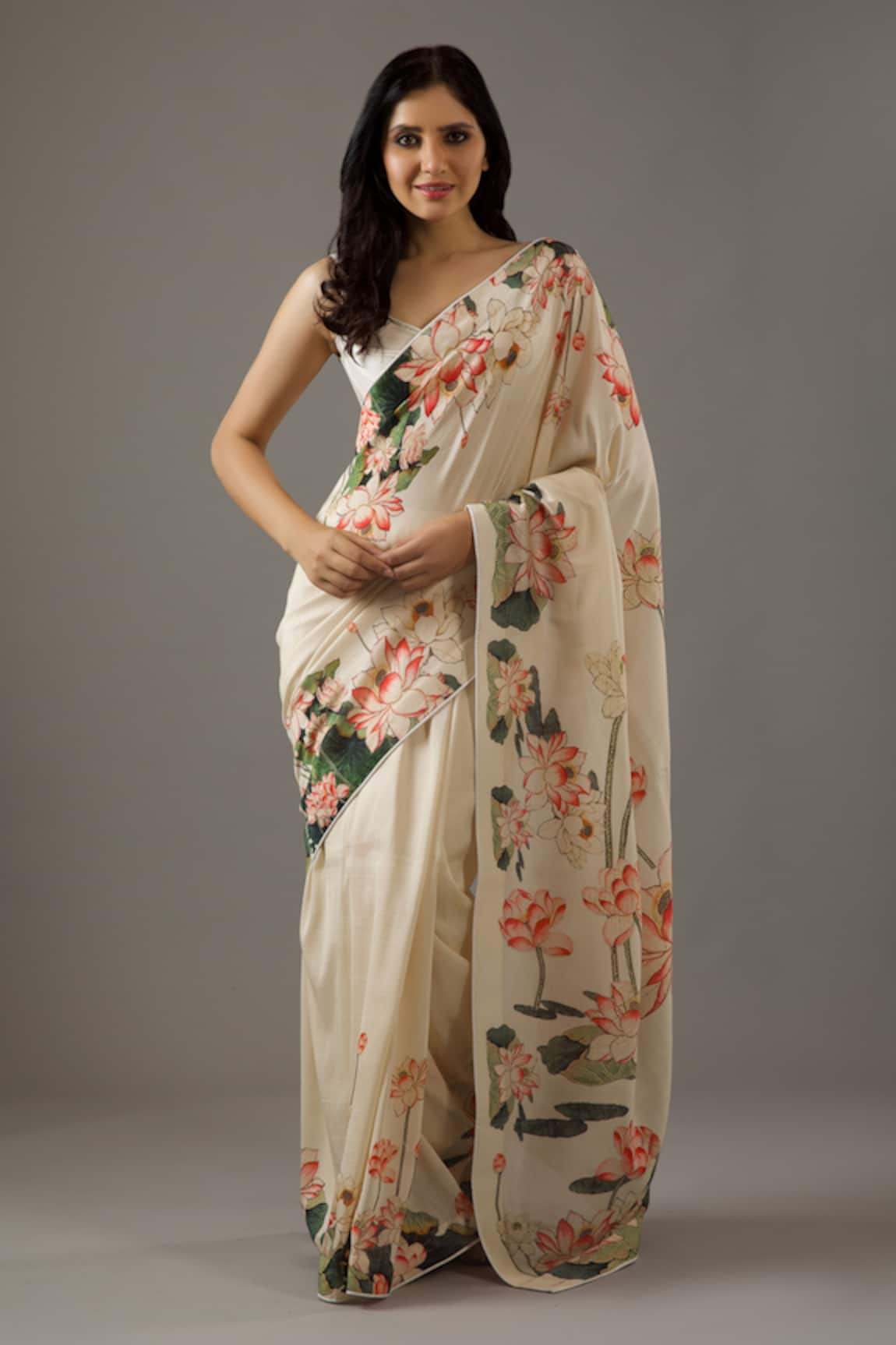 Rohit Bal Chanderi Silk Lotus Print Saree With Unstitched Blouse Piece