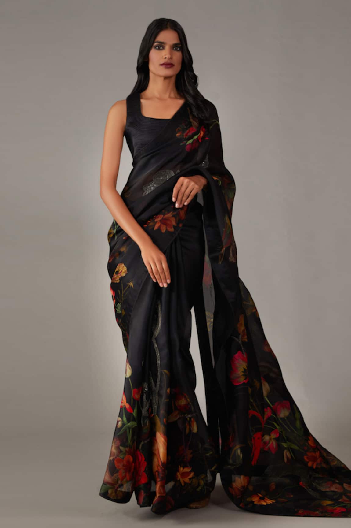 Rohit Bal Organza Garden Print Saree With Unstitched Blouse Piece 