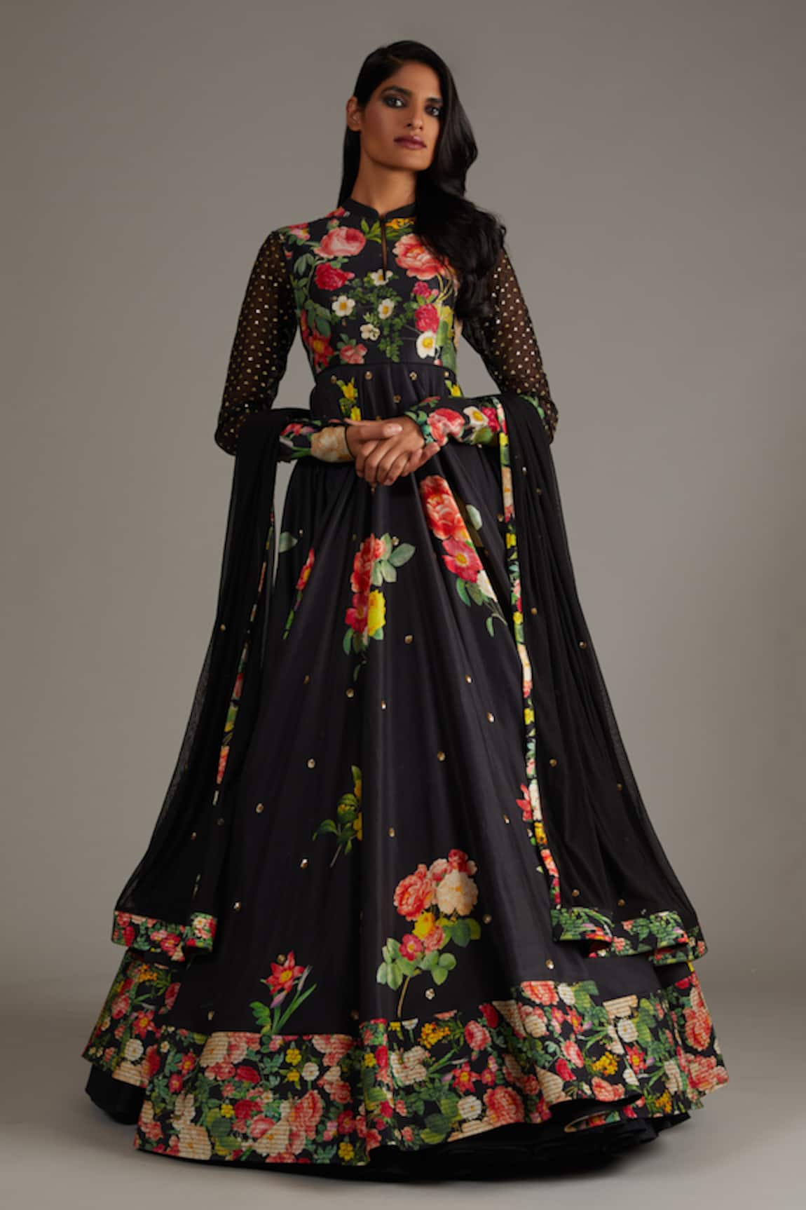 Rohit Bal Silk Chnaderi Blossom Print Anarkali With Dupatta 