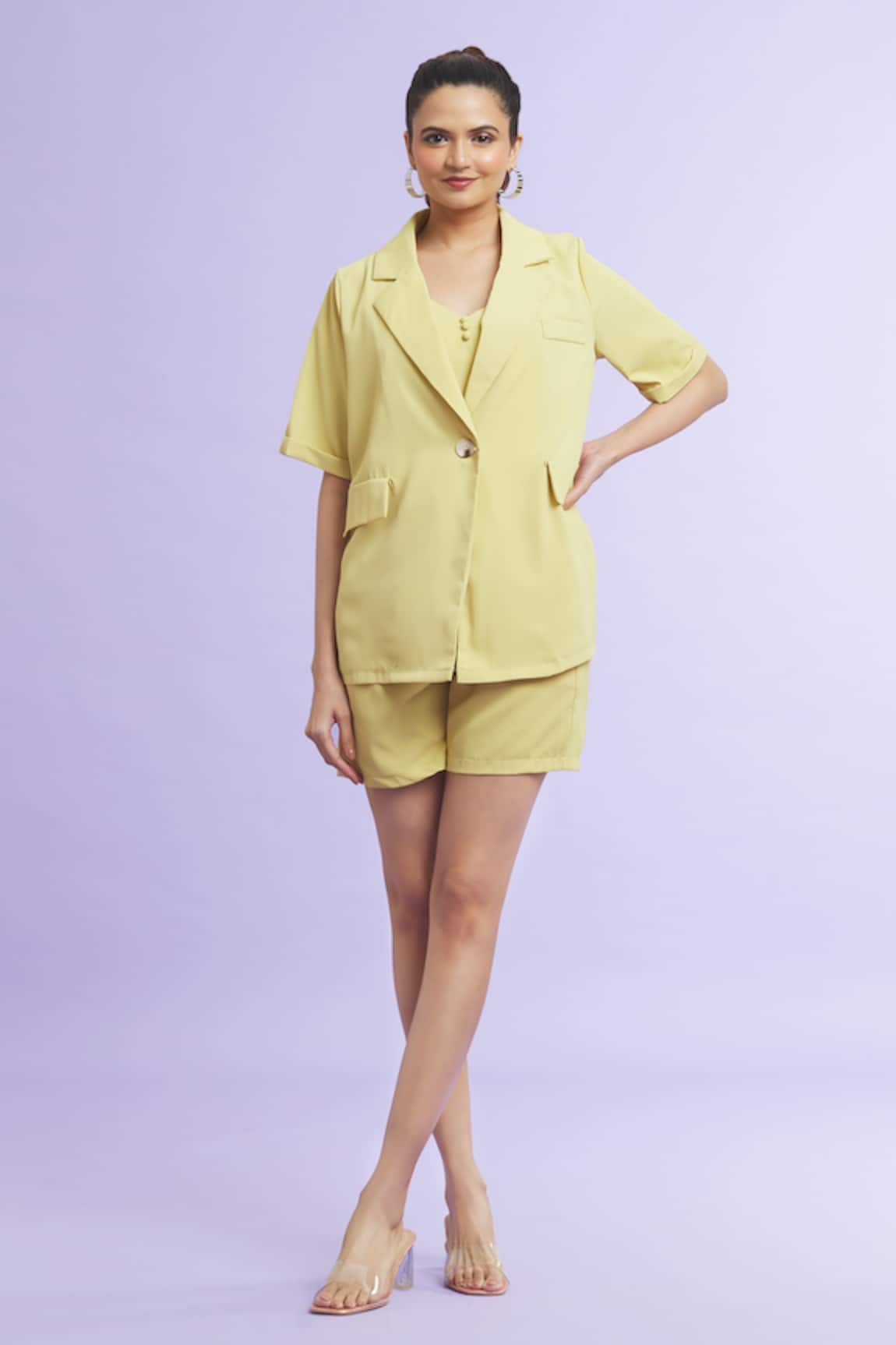 Naintara Bajaj Plain Lapel Collared Shirt Shorts Set