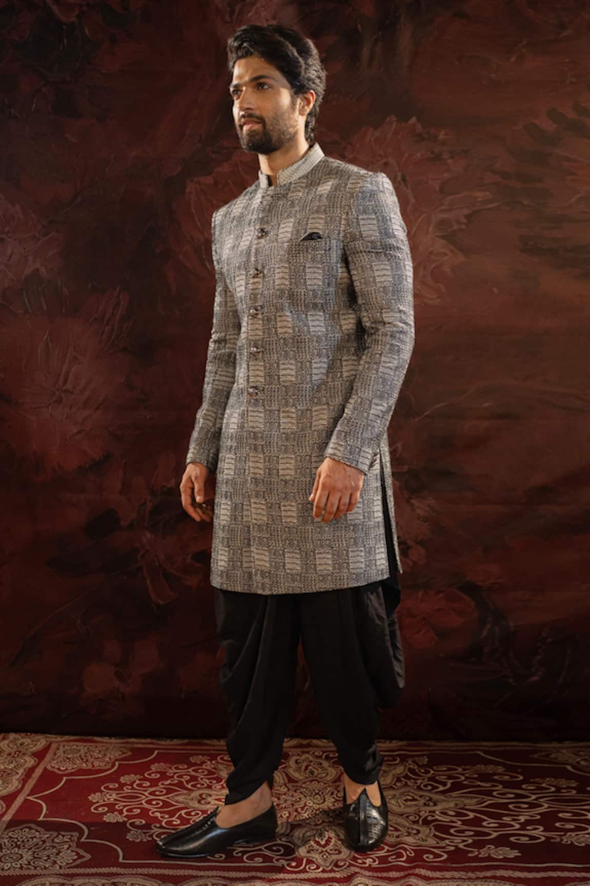 Darshika Menswear Abstract Thread Embroidered Bandhgala With Cowl Pant