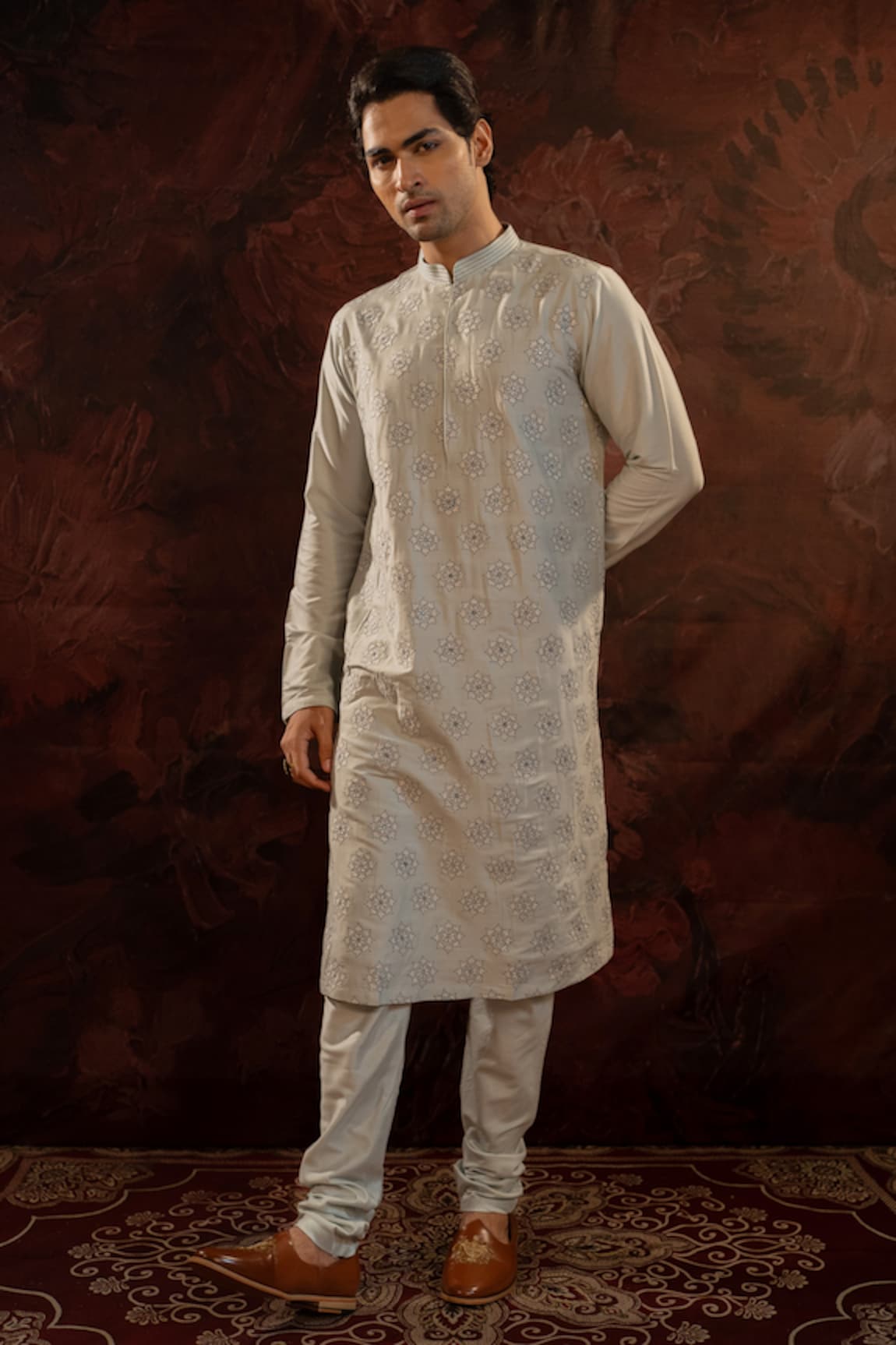 Darshika Menswear Flower Motif Embroidered Kurta With Churidar