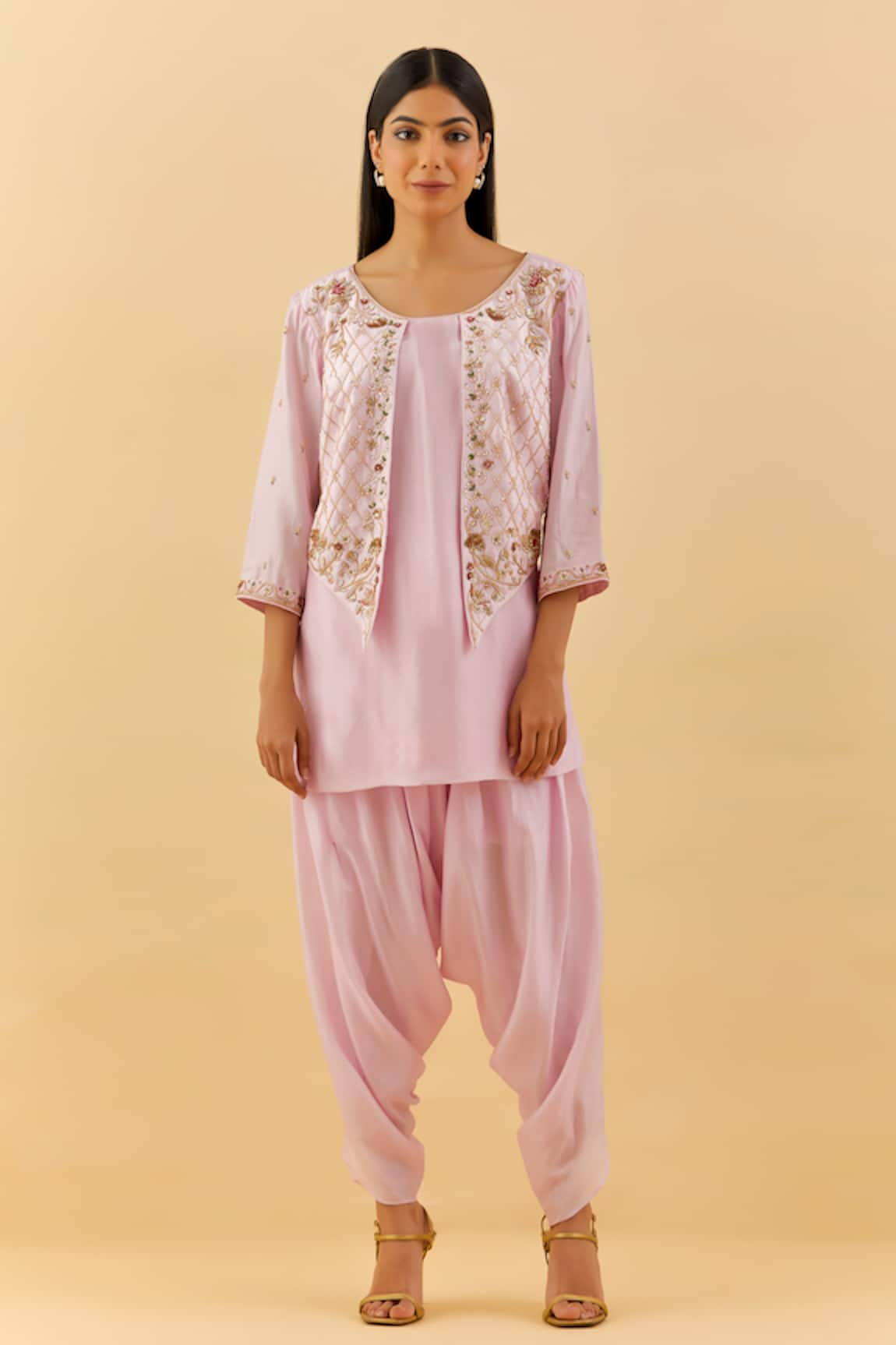 Label Nitisha Floral Embroidered Jacket Kurta With Dhoti Pant