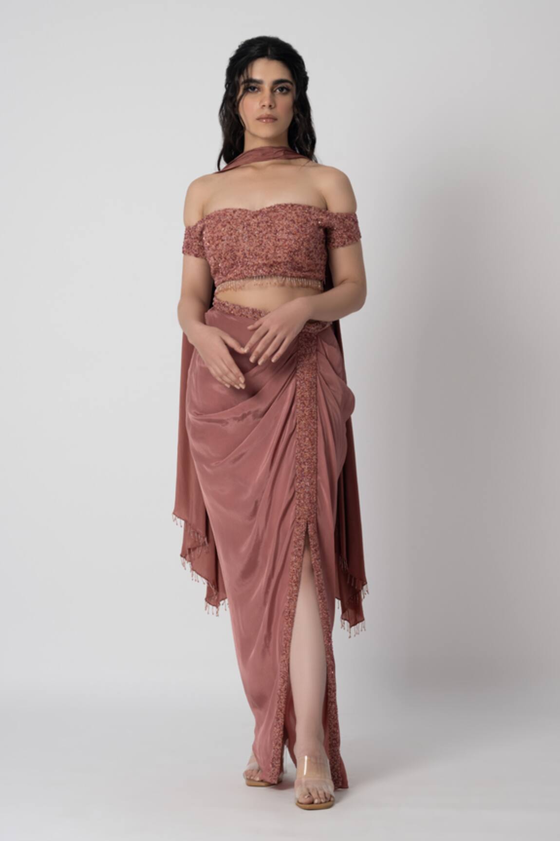 Label Shristi Chetani Deep Off Shoulder Top & Draped Skirt Set 