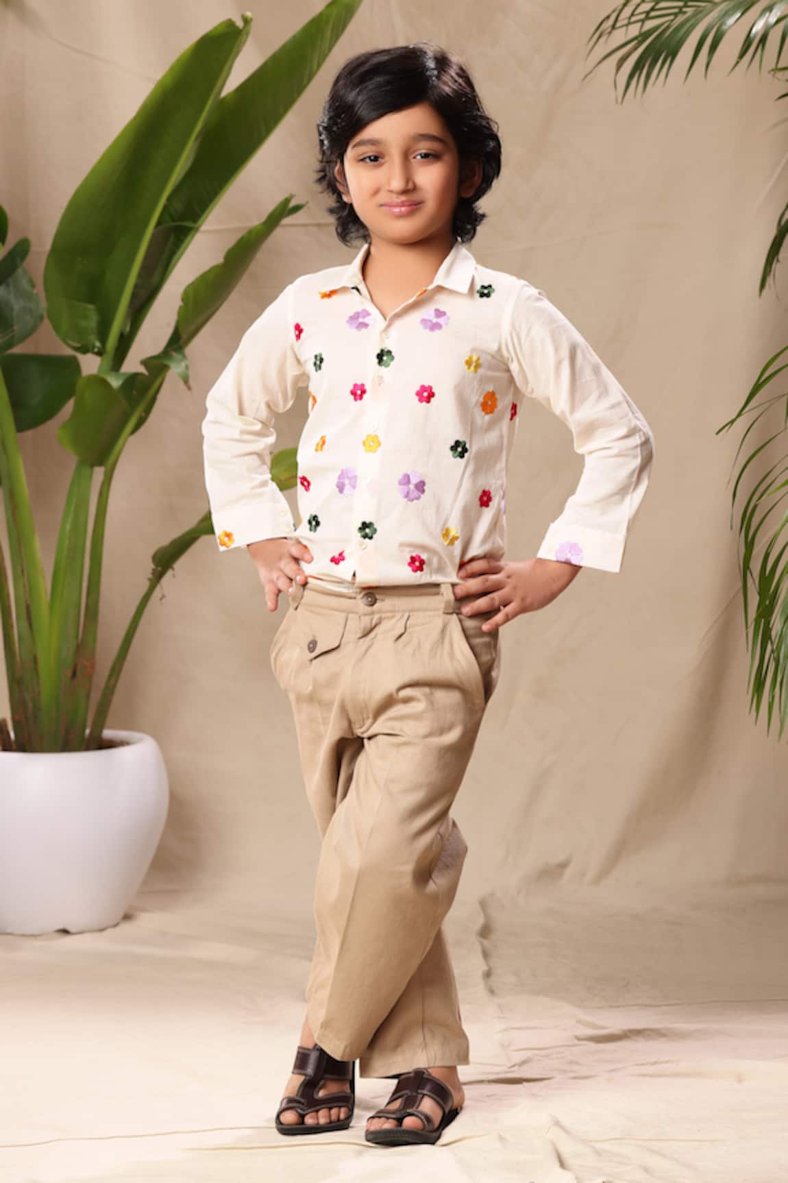 LittleCheer Floral Embroidered Shirt & Pant Set