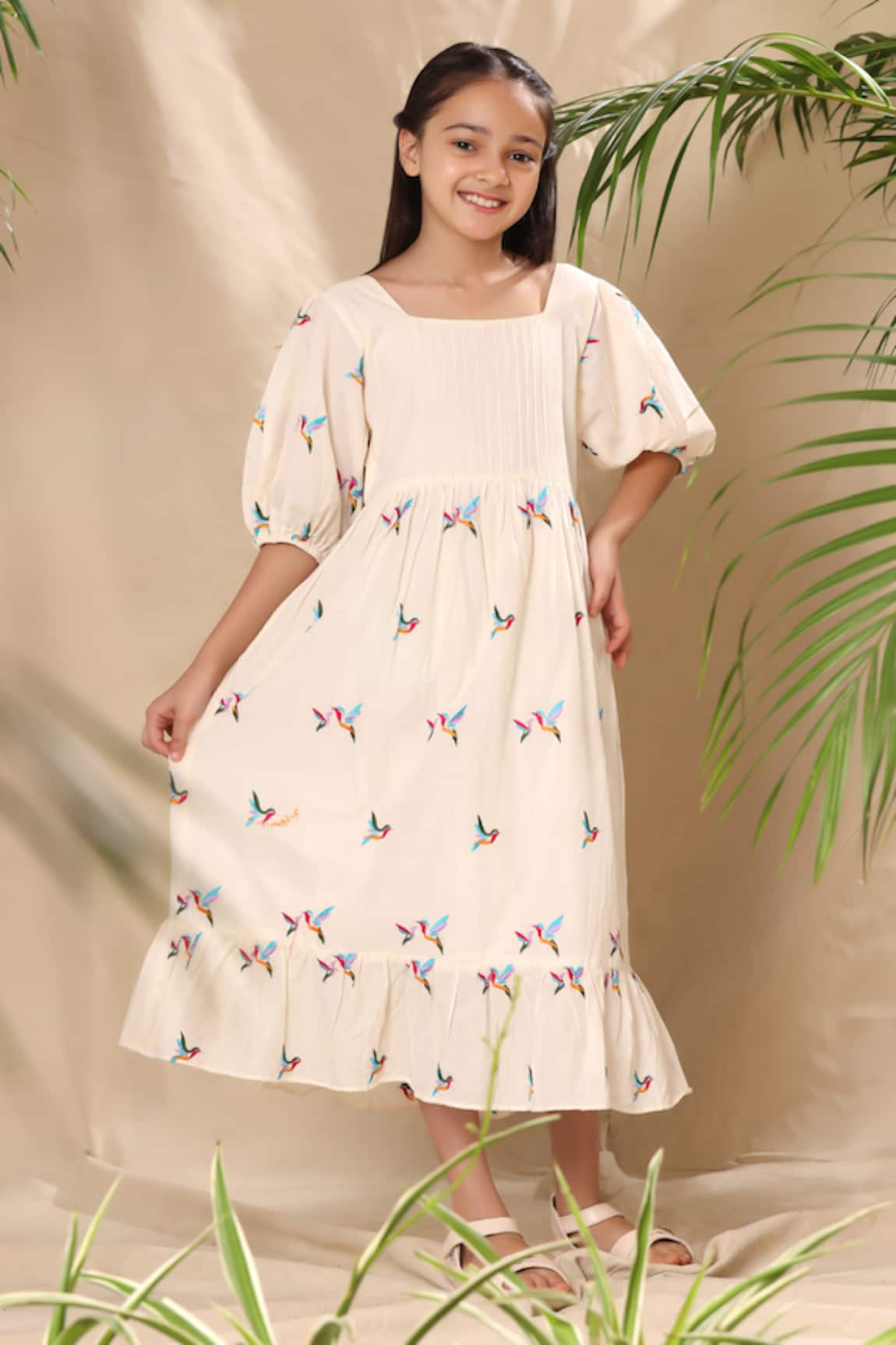 LittleCheer Bird Embroidered Pintuck Dress