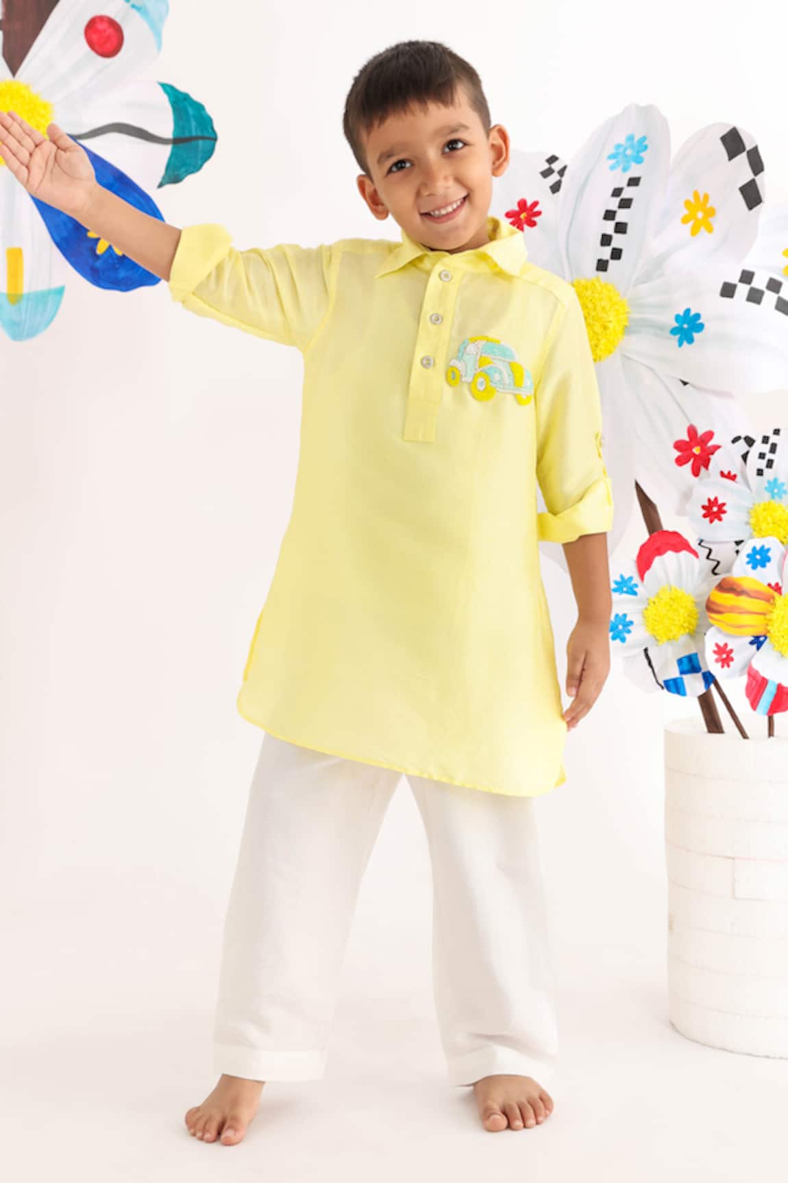 LA Dee DA Yellow Car Motif Embroidered Kurta Set
