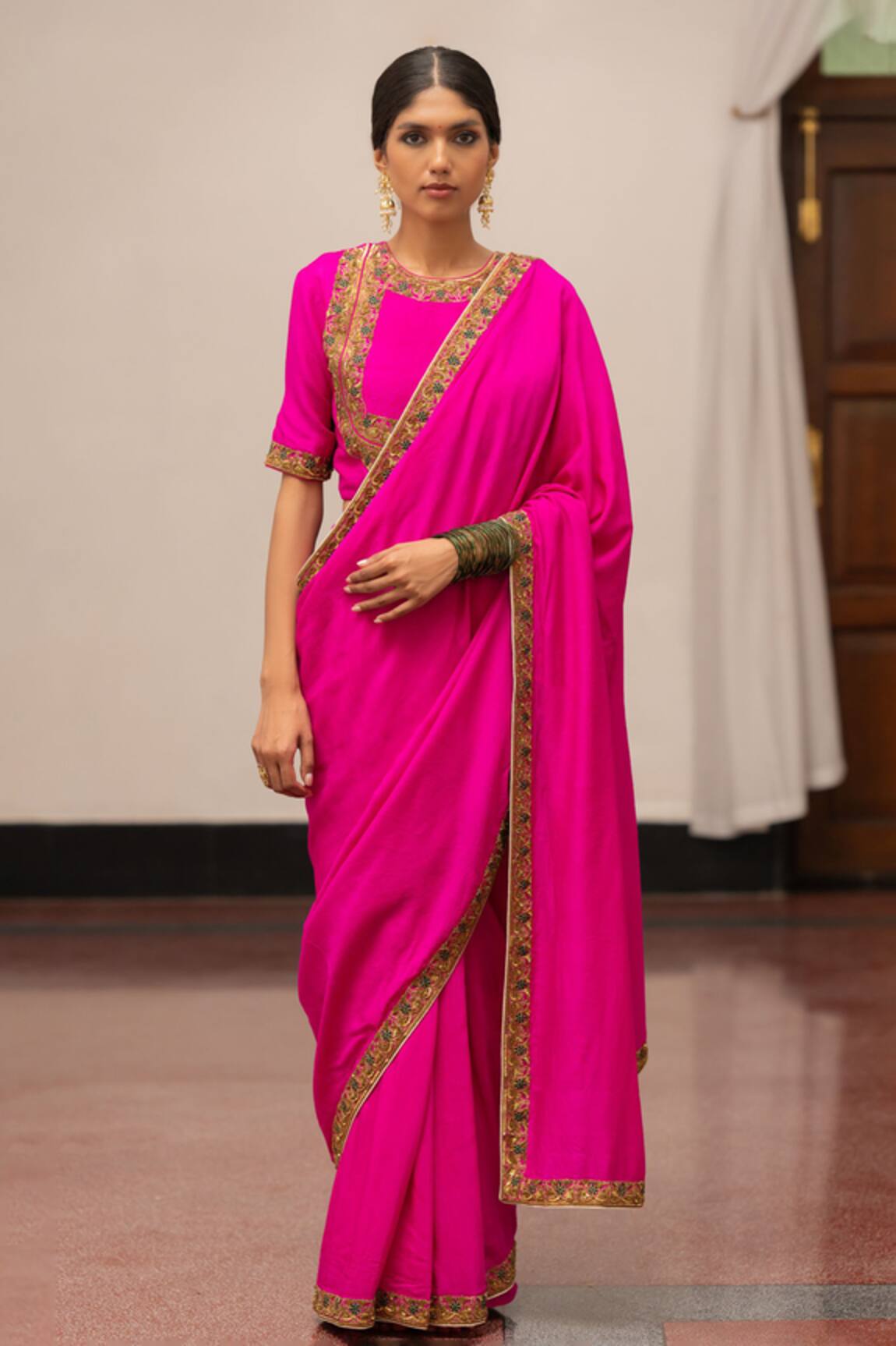 Mimamsaa Nima Floral Border Embroidered Saree With Unstitched Blouse Piece 