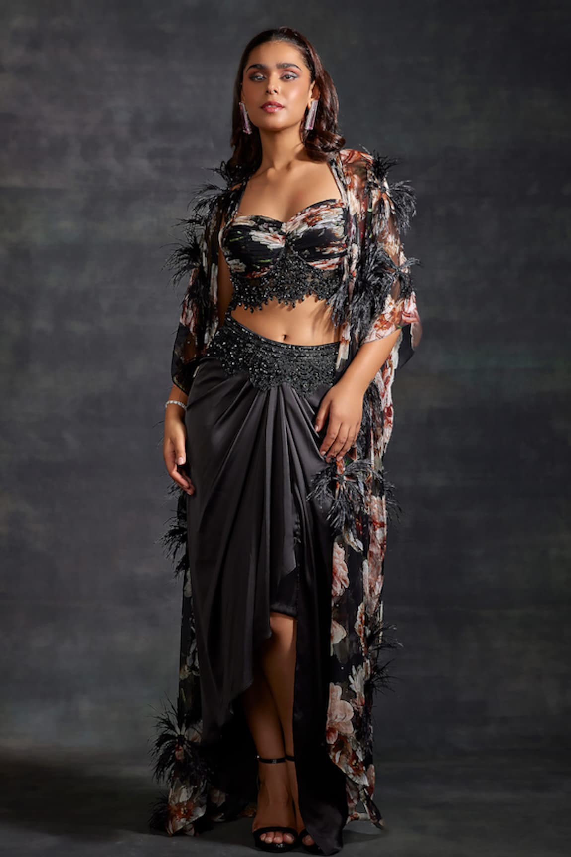 The House of Exotique Floral Bloom Pattern Cape Draped Skirt Set