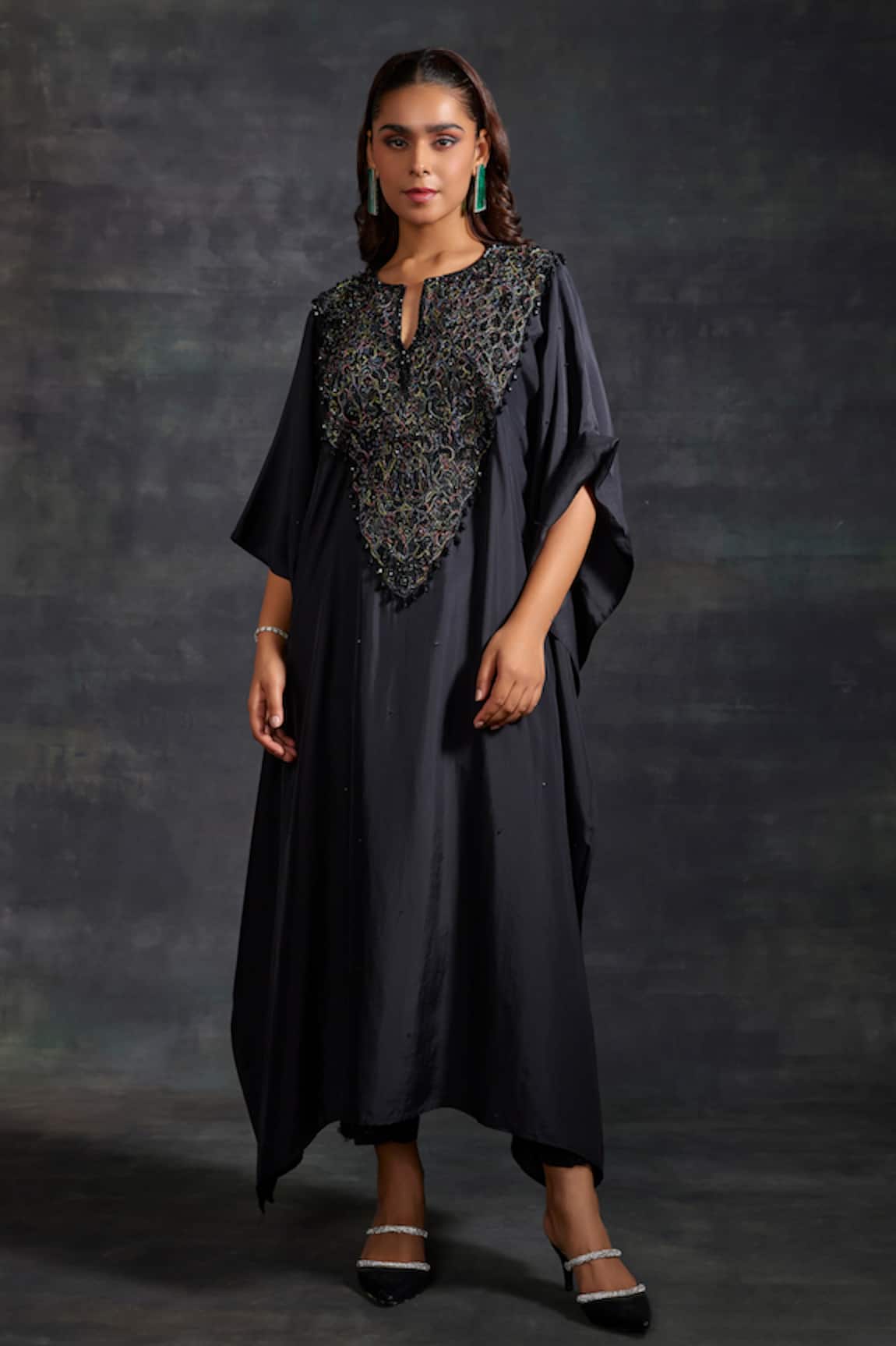 The House of Exotique Floral Embellished Yoke Kaftan With Pant