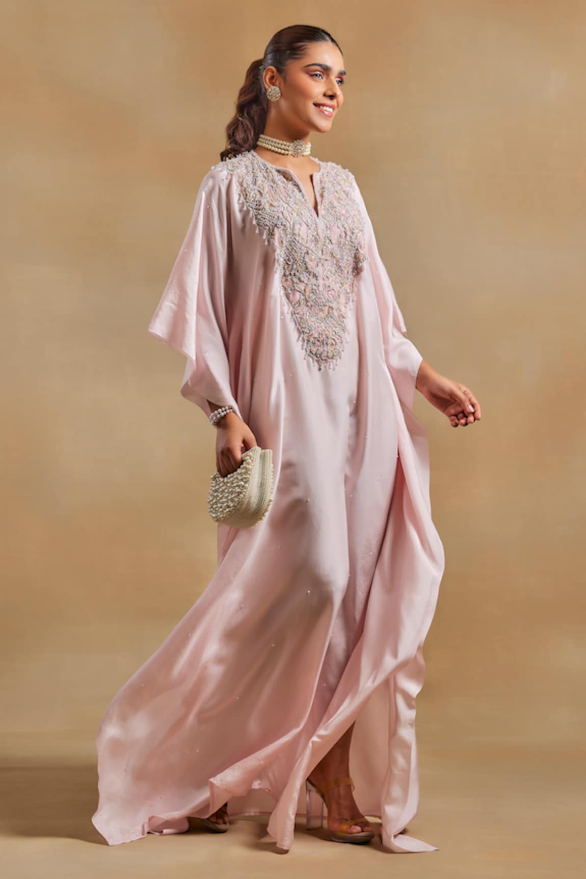 The House of Exotique Crystal Embellished Yoke Kaftan