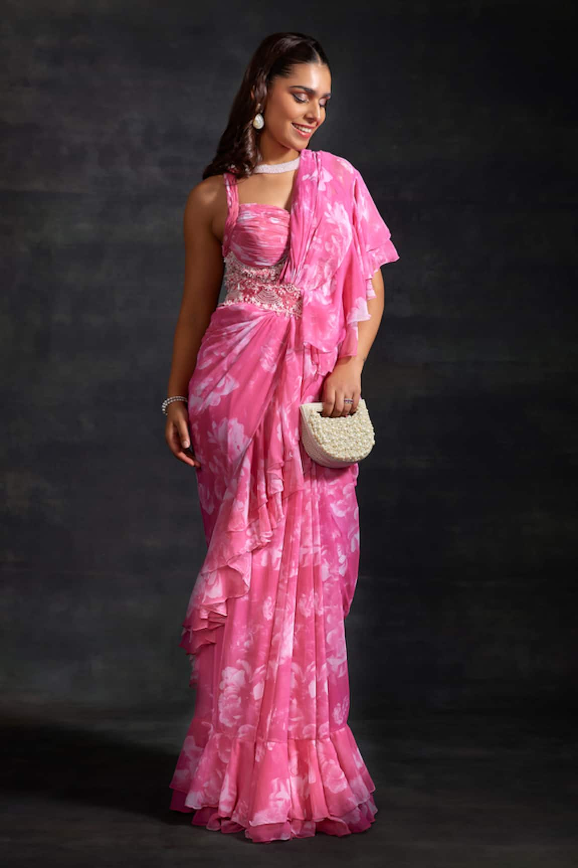 The House of Exotique Floral Print Ruffle Saree With Blouse