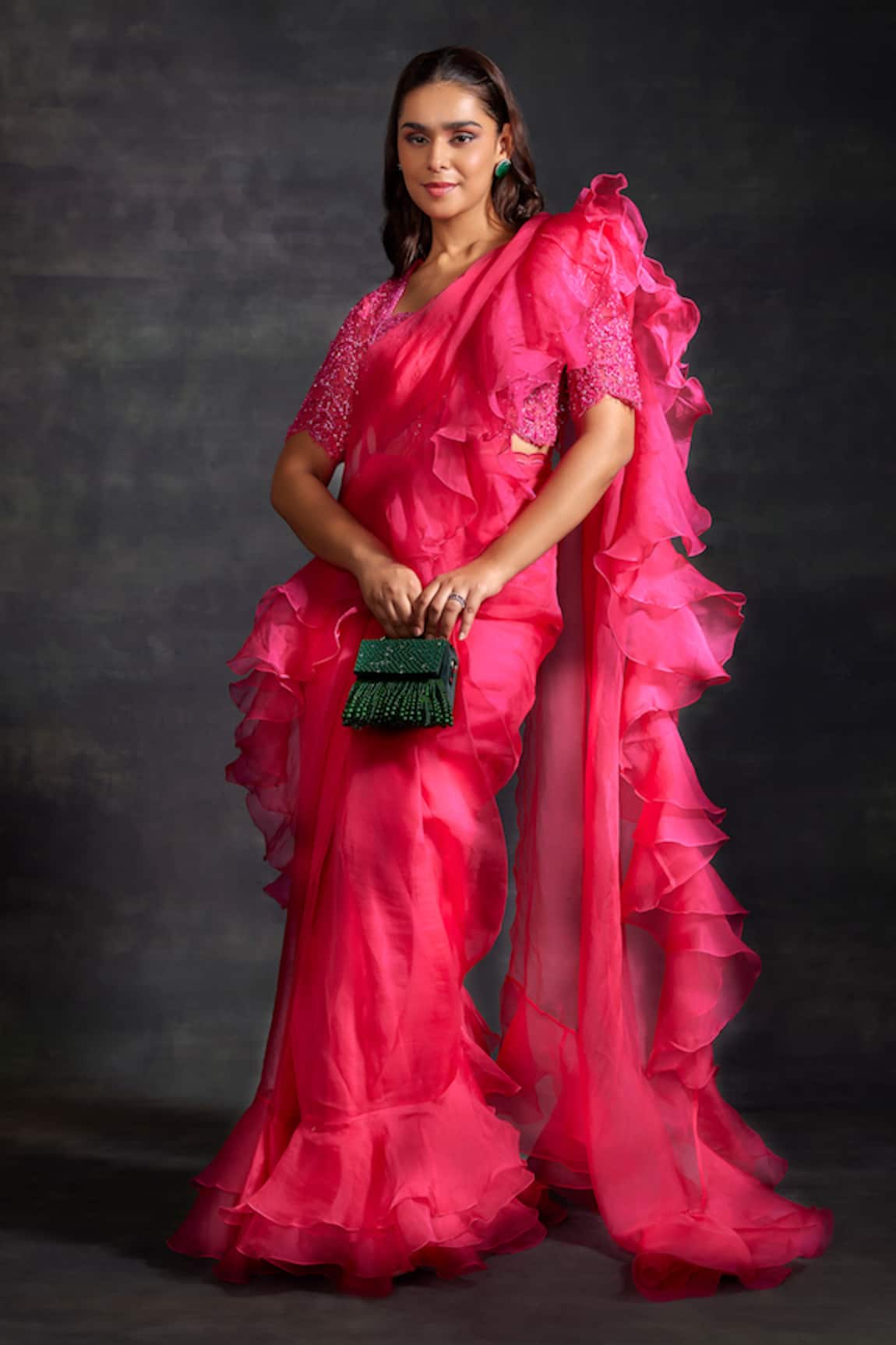 The House of Exotique Ruffled Saree With Embellished Blouse