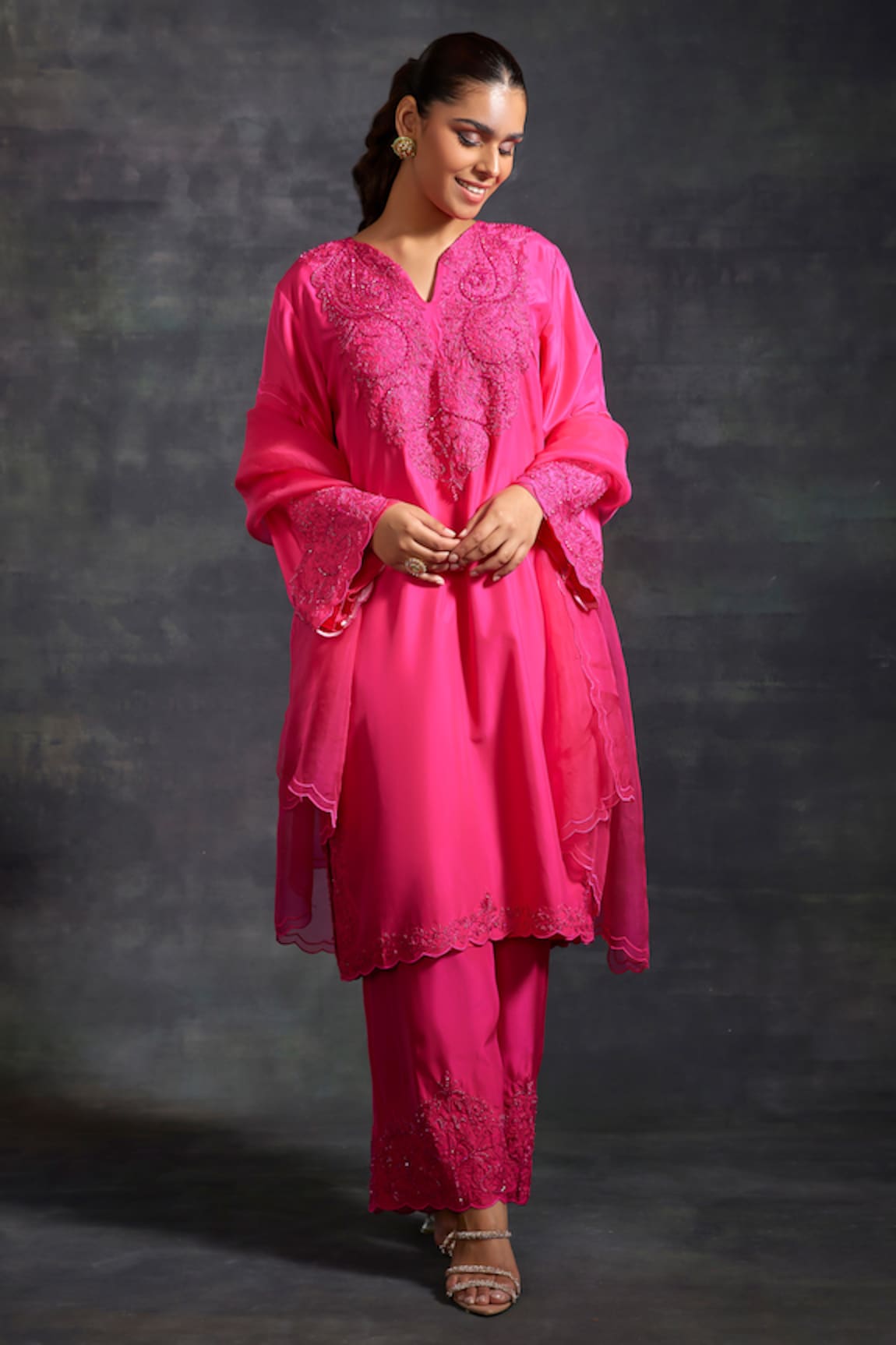 The House of Exotique Tonal Flower Embroidered Kurta Pant Set