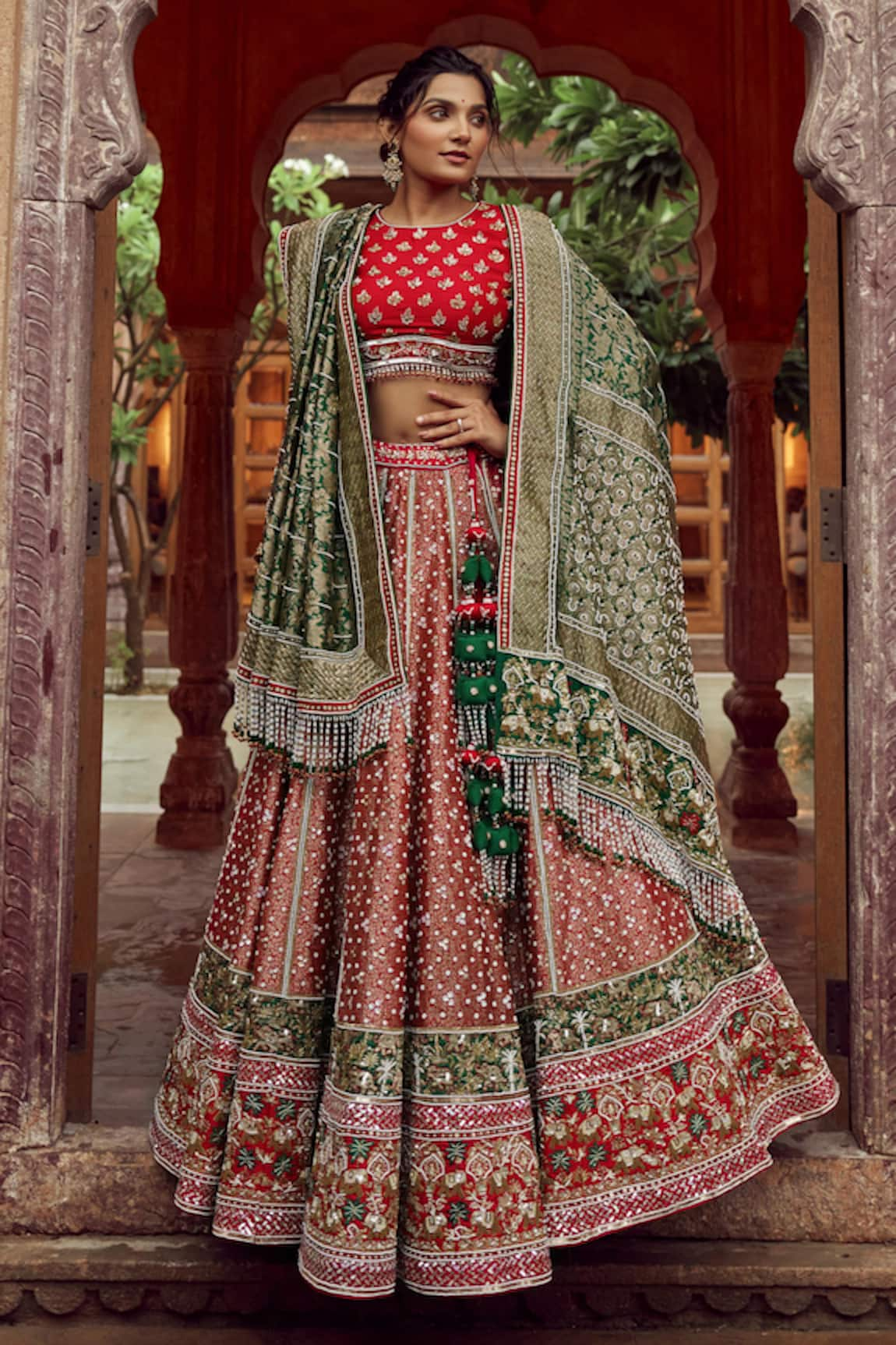 Buy Green and Red Designer Classic Lehenga Choli For Bridal Online