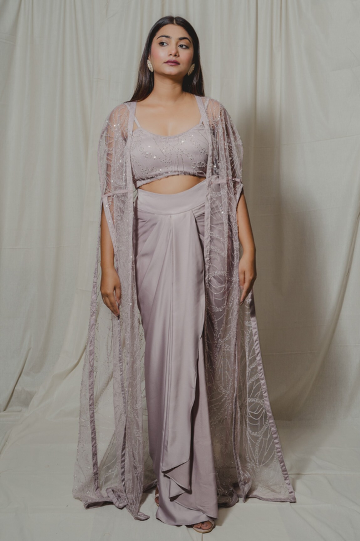 SHINOR Embroidered Shrug & Draped Skirt Set