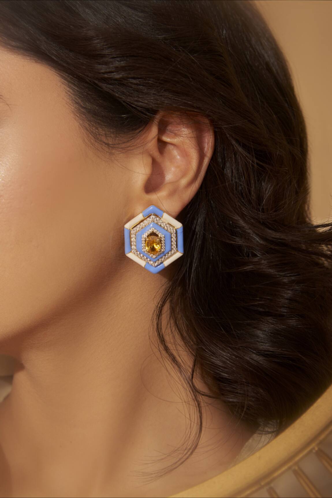 Janvi Sachdeva Design Hexagon Color Block Enameled Earrings 