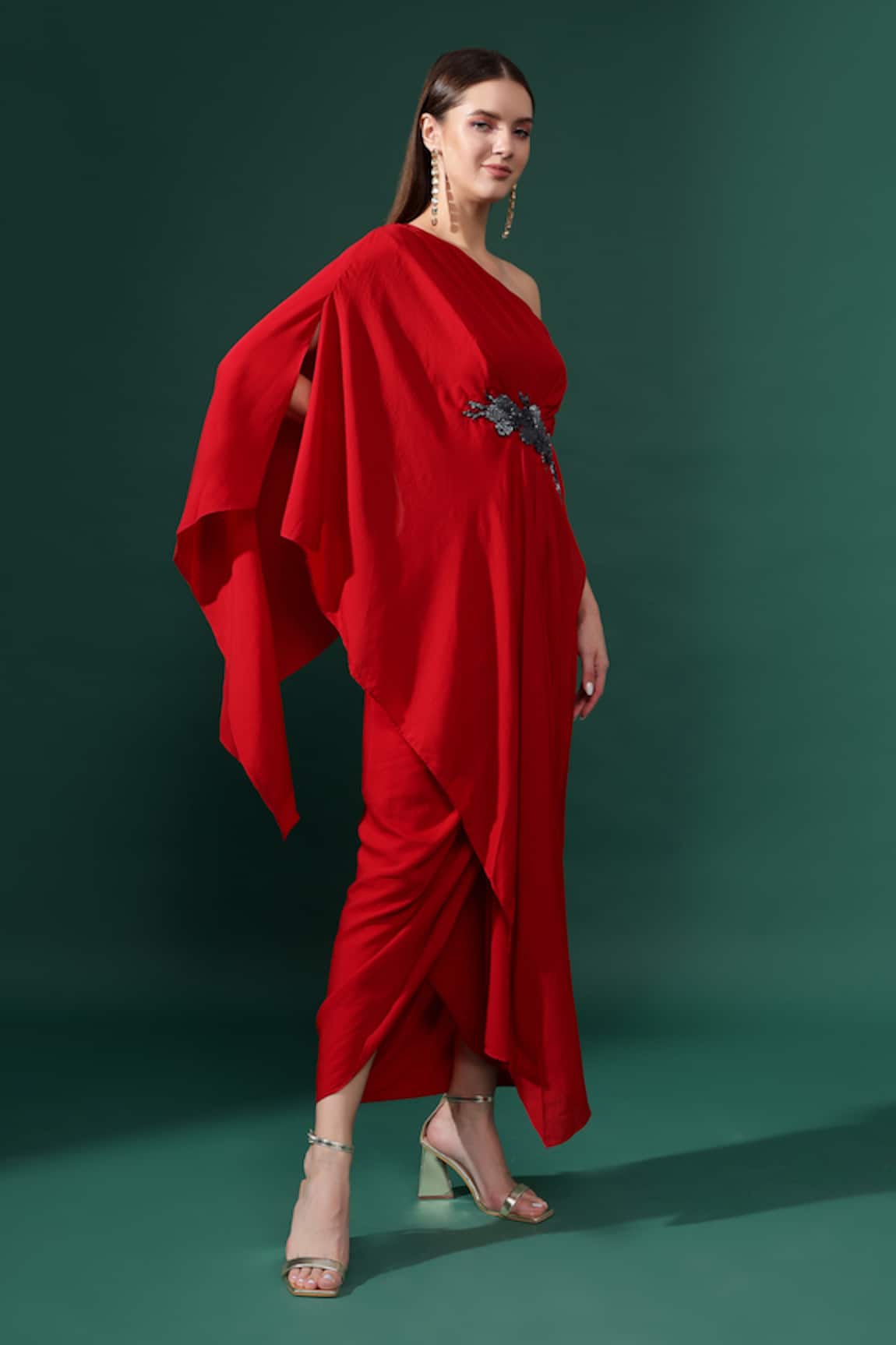 Aakaar Nalki Flora Applique One Shoulder Draped Dress 