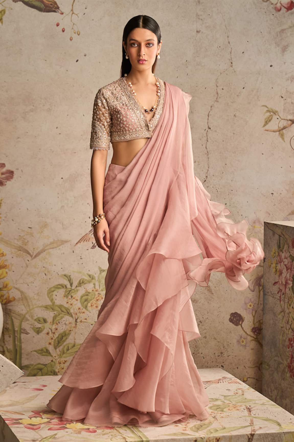 Ridhi Mehra Belle Ruffle Pre-Draped Saree With Embroidered Blouse