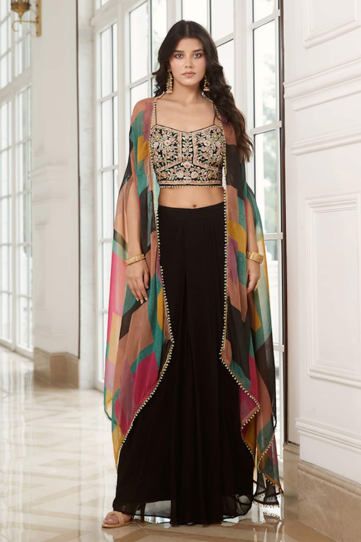 Basanti - Kapde Aur Koffee Draped Skirt Set With Printed Cape