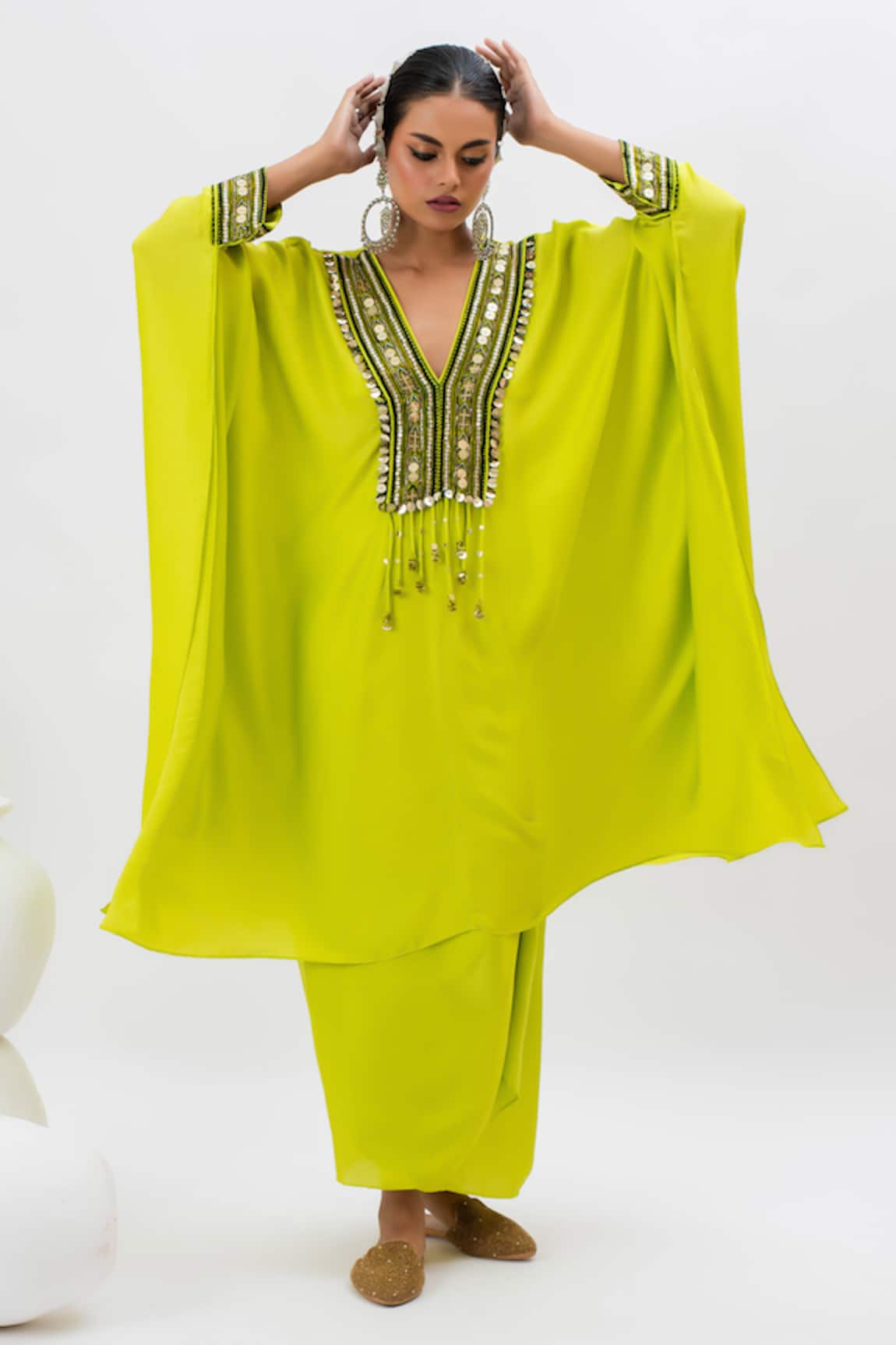 Prahnaaya Ajrakh Work Neon Kaftan & Wrap Skirt Set