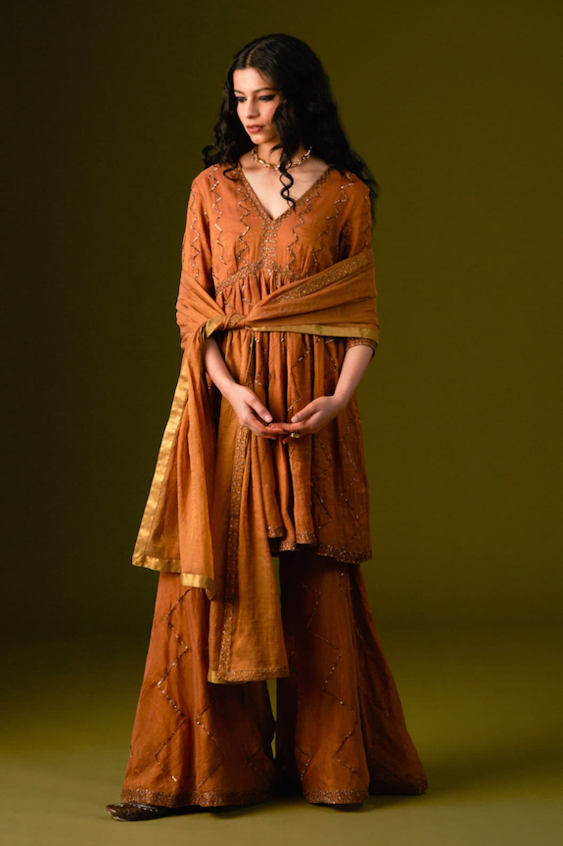 Aurul Chevron Zari Embroidered Kurta Sharara Set