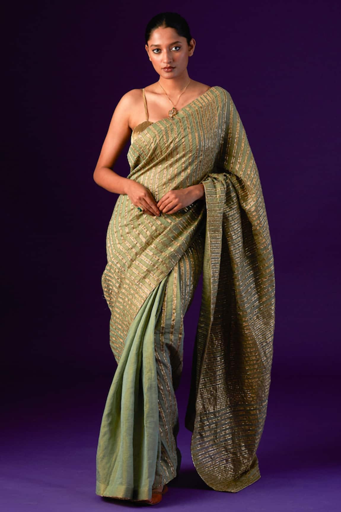 Aurul Zari Striped Saree With Ruched Blouse