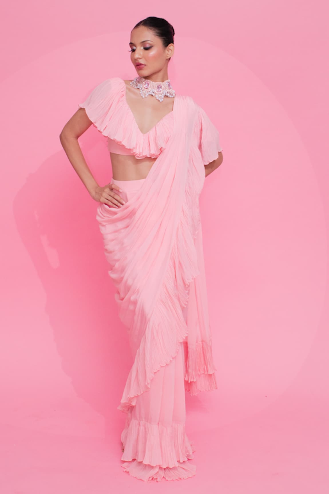 Anshika Tak Label Pre-Draped Ruffled Saree With Blouse