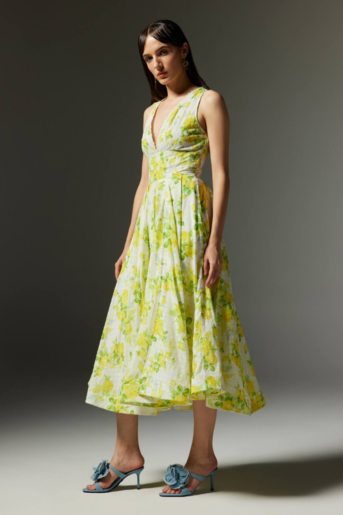The Iaso Leaf Print Woven Corset Midi Dress