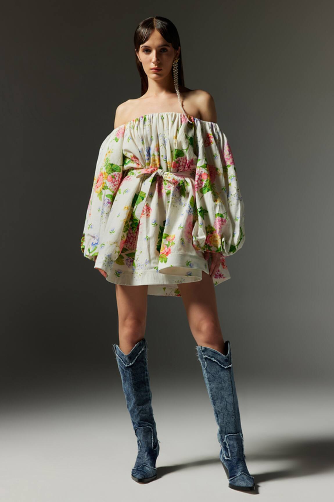 The Iaso Floral Print Off-Shoulder Short Dress