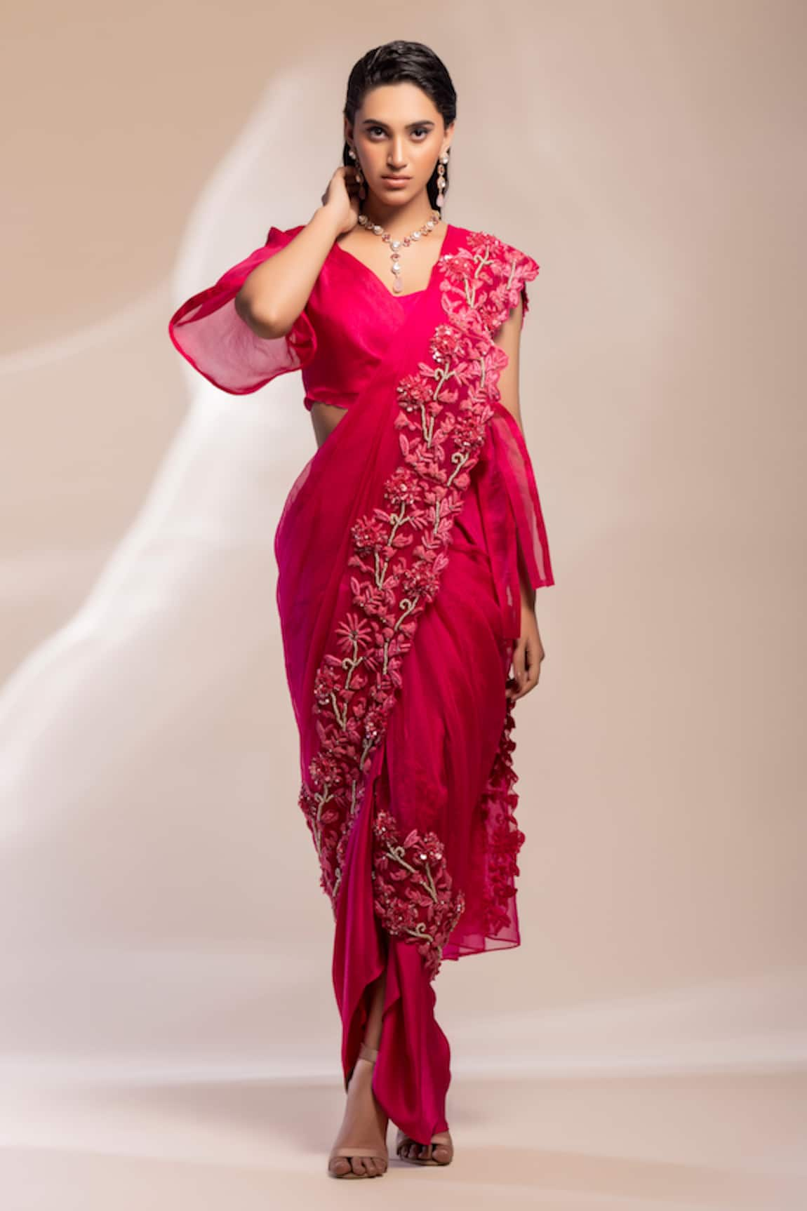 GEE SIN by Geetanjali Singh Hand Embroidered Pre-Draped Saree With Blouse