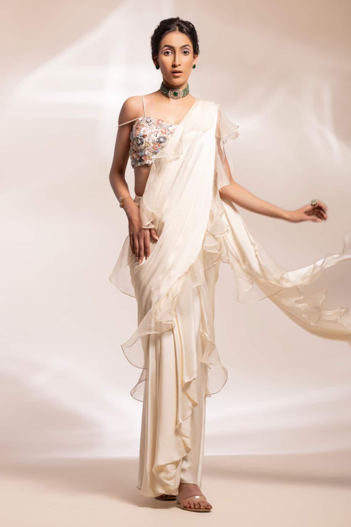 GEE SIN by Geetanjali Singh Pre-Stitched Ruffle Saree With Embellished Blouse