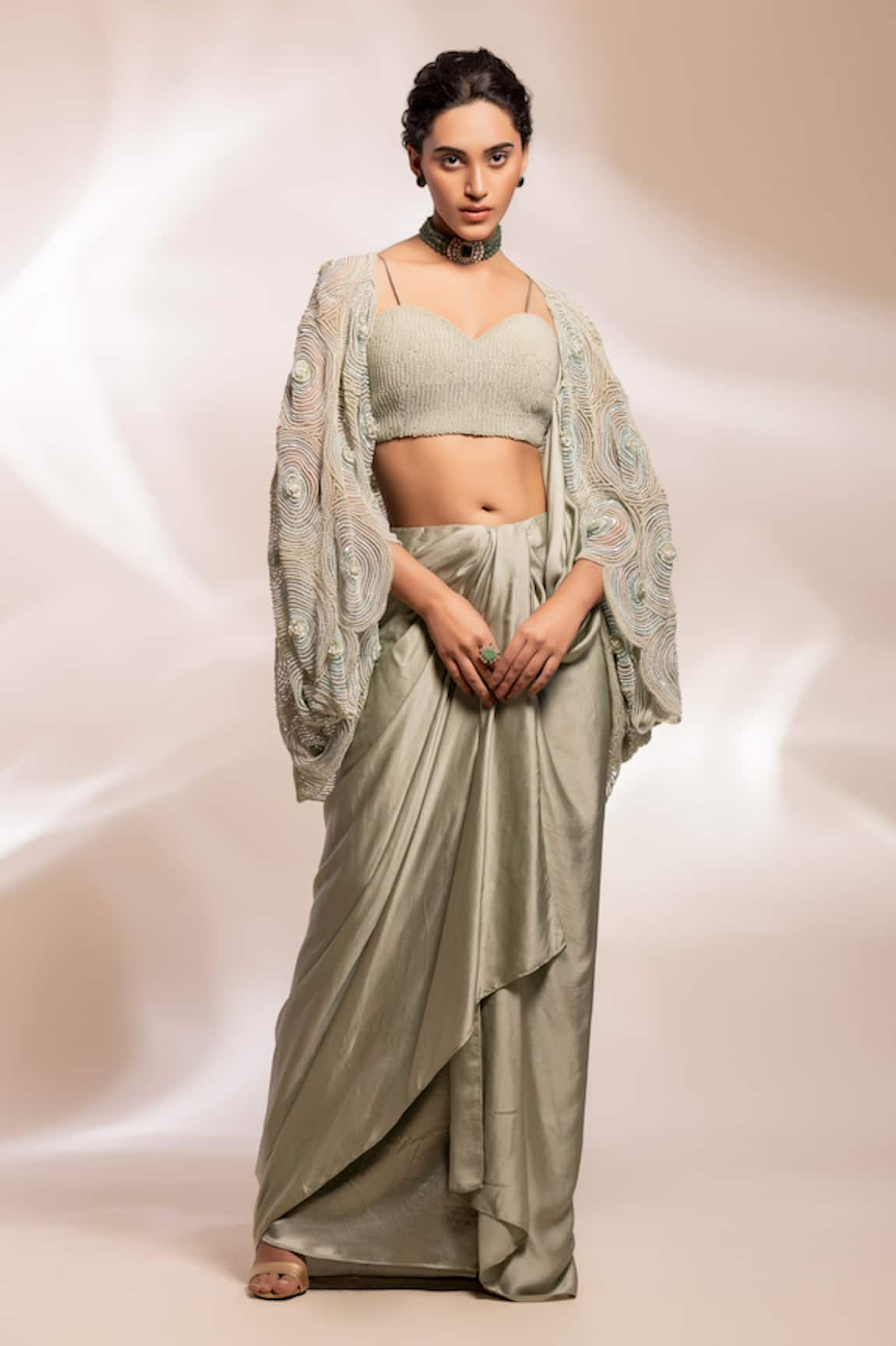 GEE SIN by Geetanjali Singh Circular Embroidered Cape With Draped Skirt Set