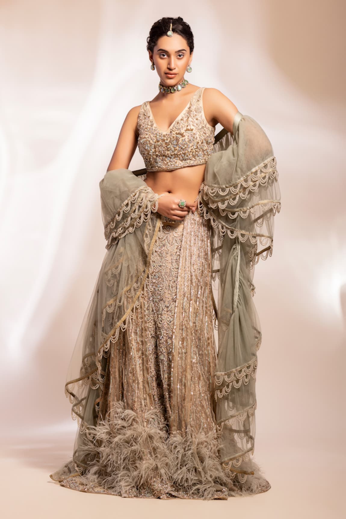 GEE SIN by Geetanjali Singh Zardozi Embroidered Lehenga Set With Feather Train