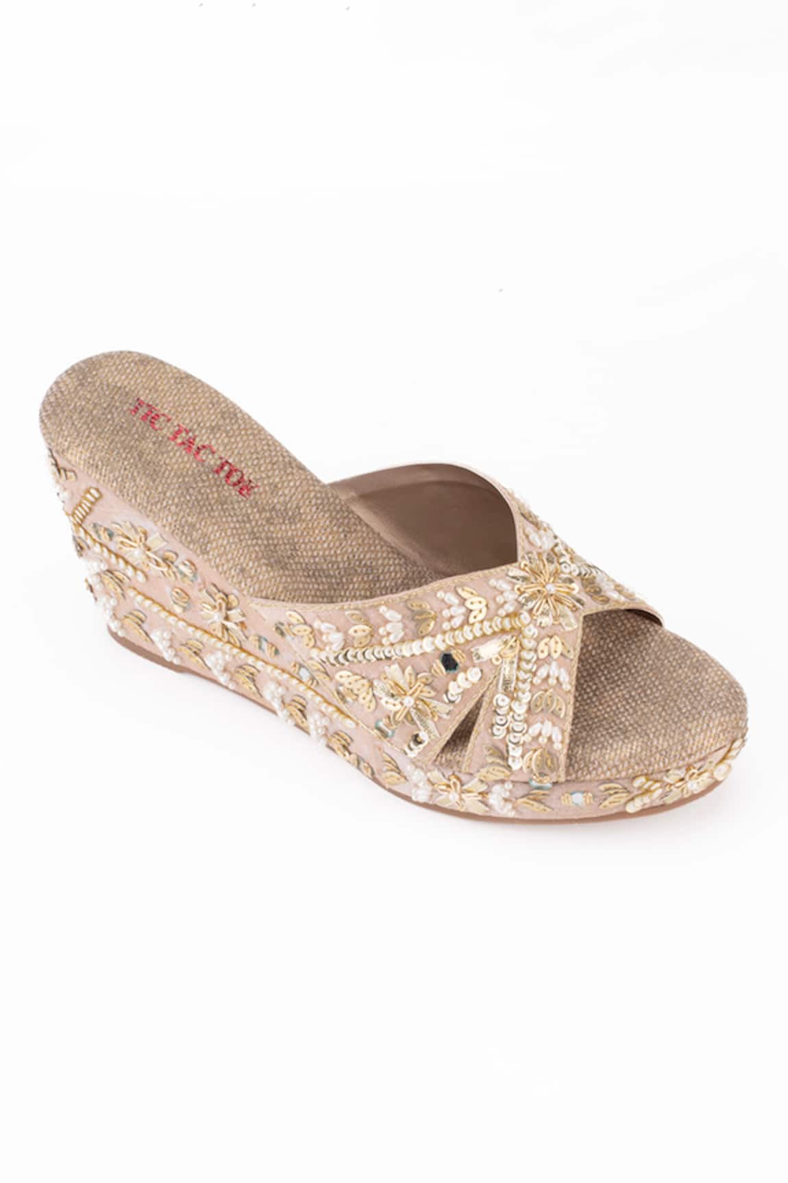 Tic Tac Toe Footwear Pearl Embroidered Strap Wedges