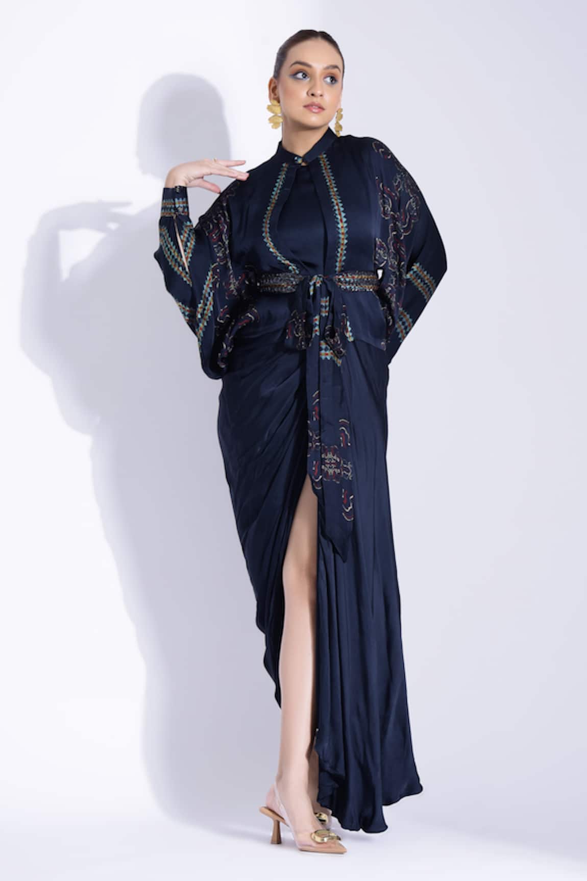 Studio Surbhi Draped Dress With Printed Kimono Shirt